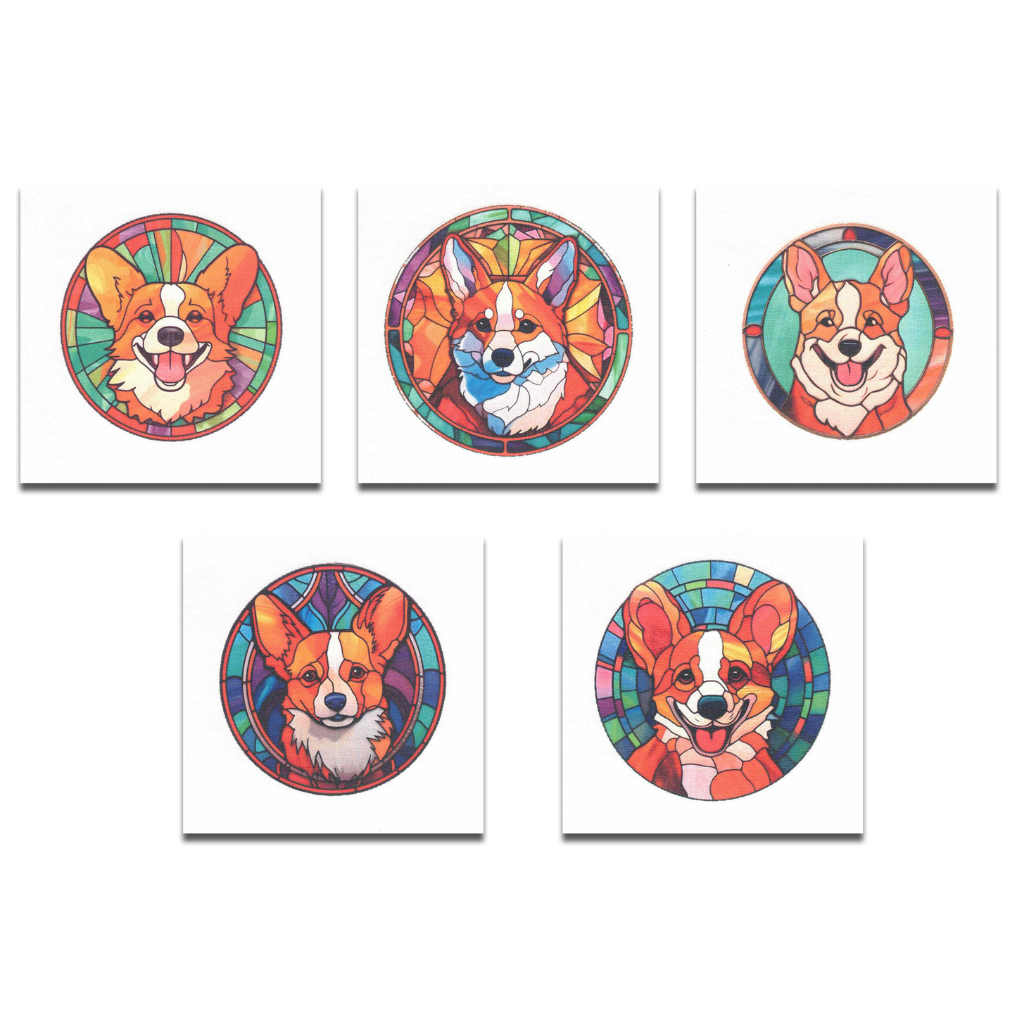 Set of 5 Different Adorable Stained Glass Window Corgi Quilt Squares